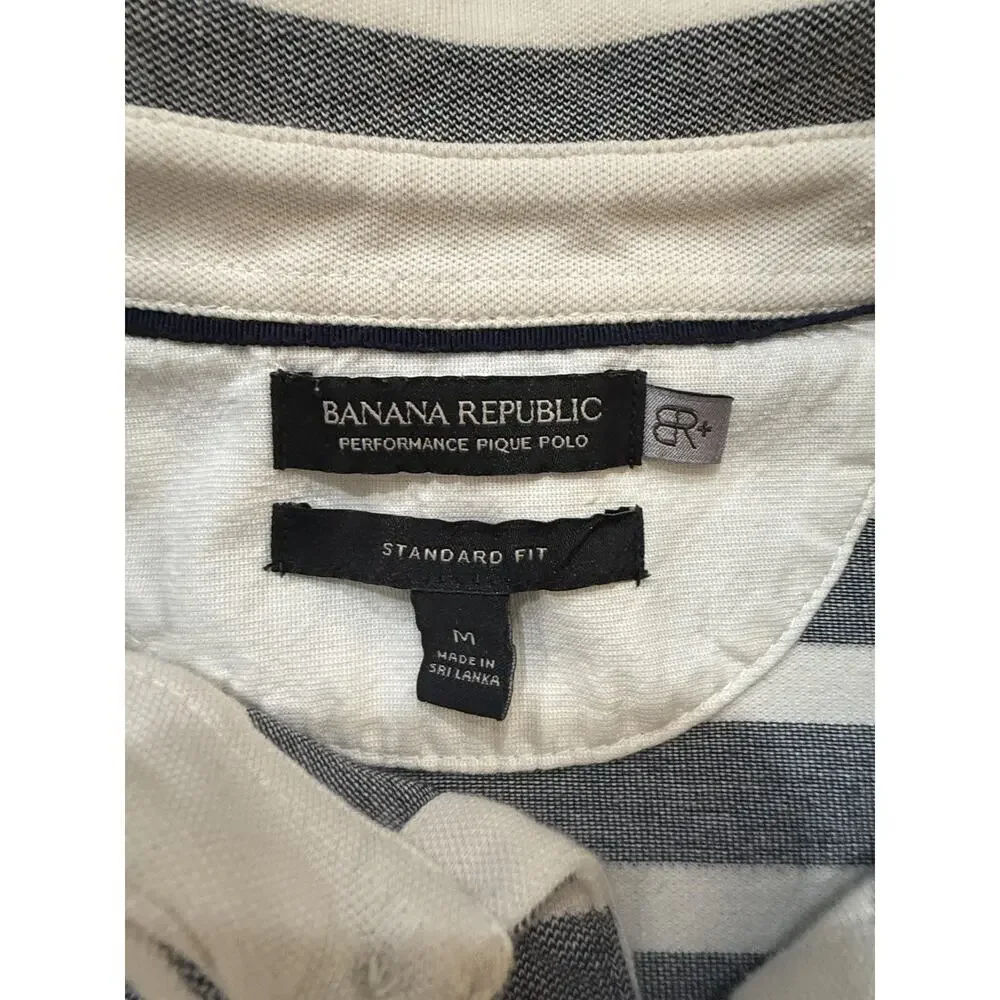 Banana Republic Polo Shirt Mens Medium Gray White Striped Performance Pique Knit
